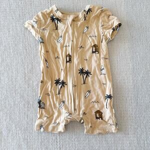Brave Little Ones Tan Black Surf Hawaii Beach Bamboo Short Sleeve Zip Up Romper